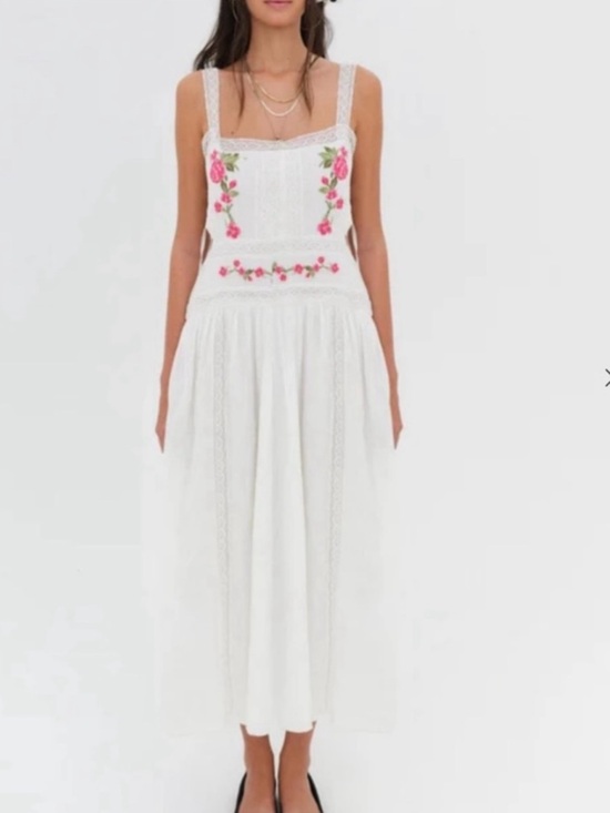 For Love And Lemons Dresses & Skirts - For Love And Lemons White Midi Dress with Pink Rose Embroidery Size Large